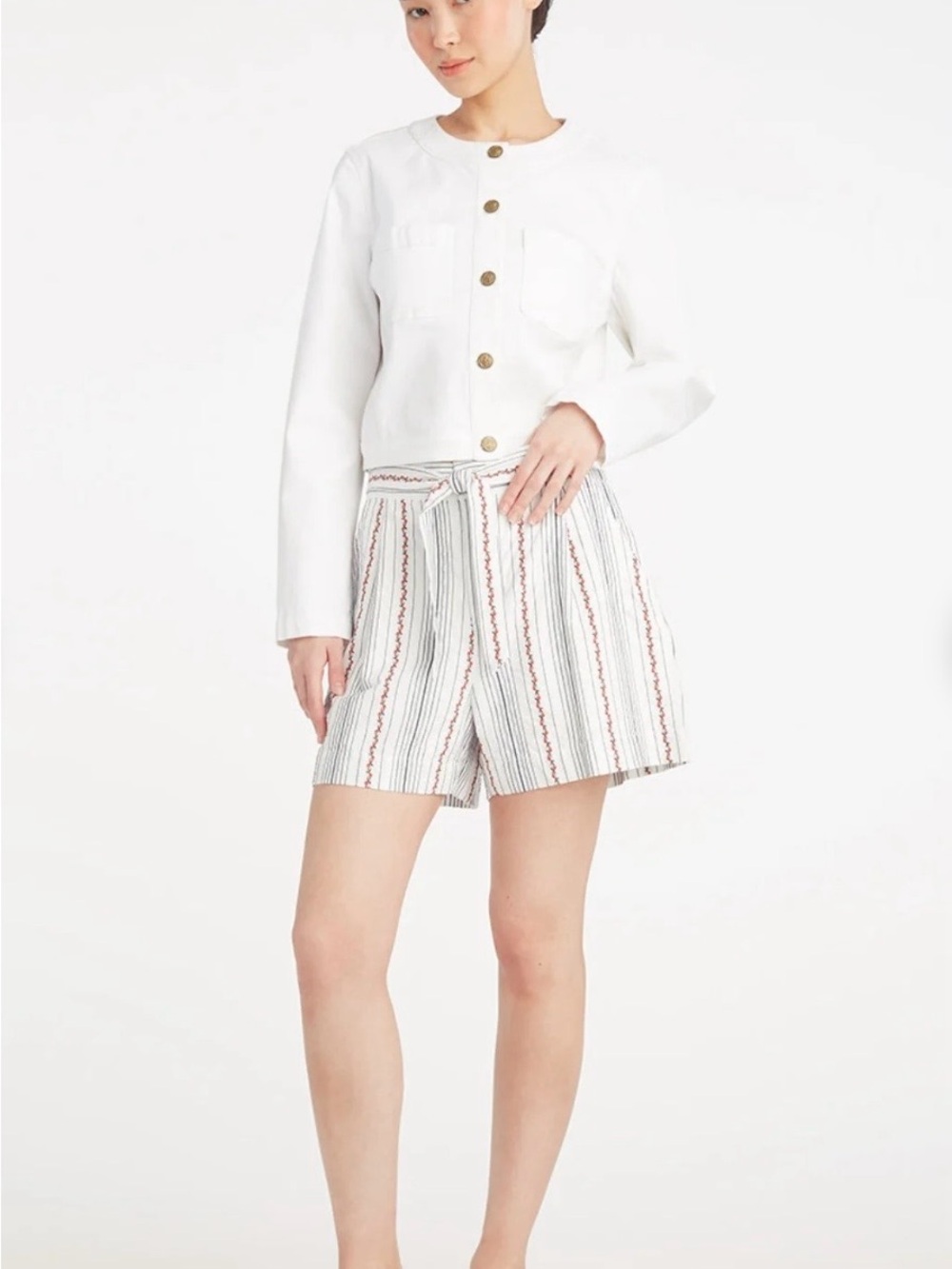 Women’s White Cotton High Waist Shorts Floral Stripe Print Size L New